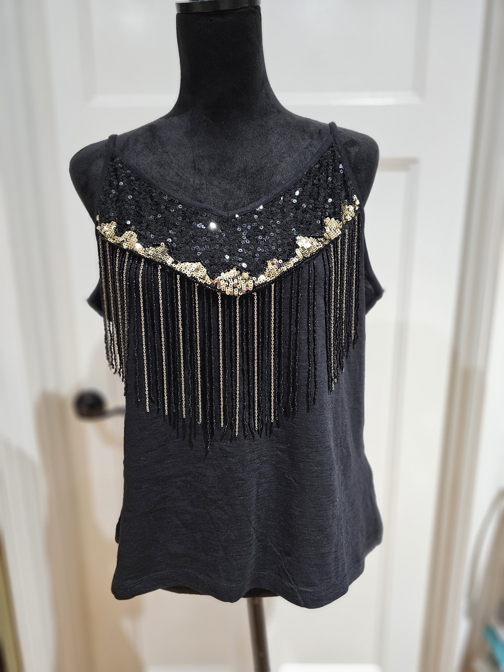 Idyllwind Black Sequin Camisole with Gold & Beaded Fringe